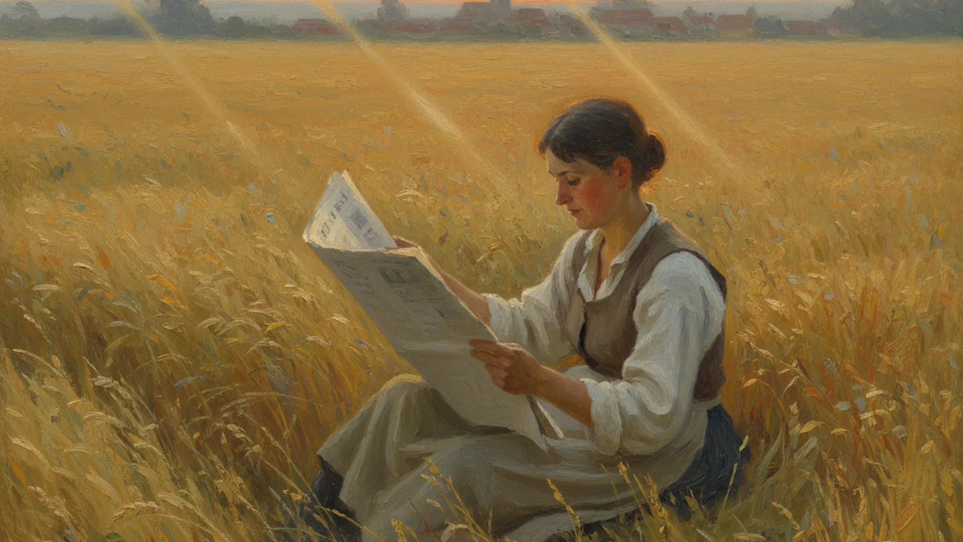 An oil painting of a woman reading a newspaper in a wheat field at first light.